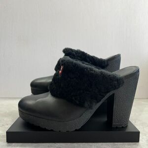 Hunter Black Faux Fur Lined Platform Block Heel Mules Shoe Womens US Size 7.5